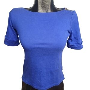 Lauren Ralph Lauren Blue Preppy Boat Neck Short Sleeve Top S